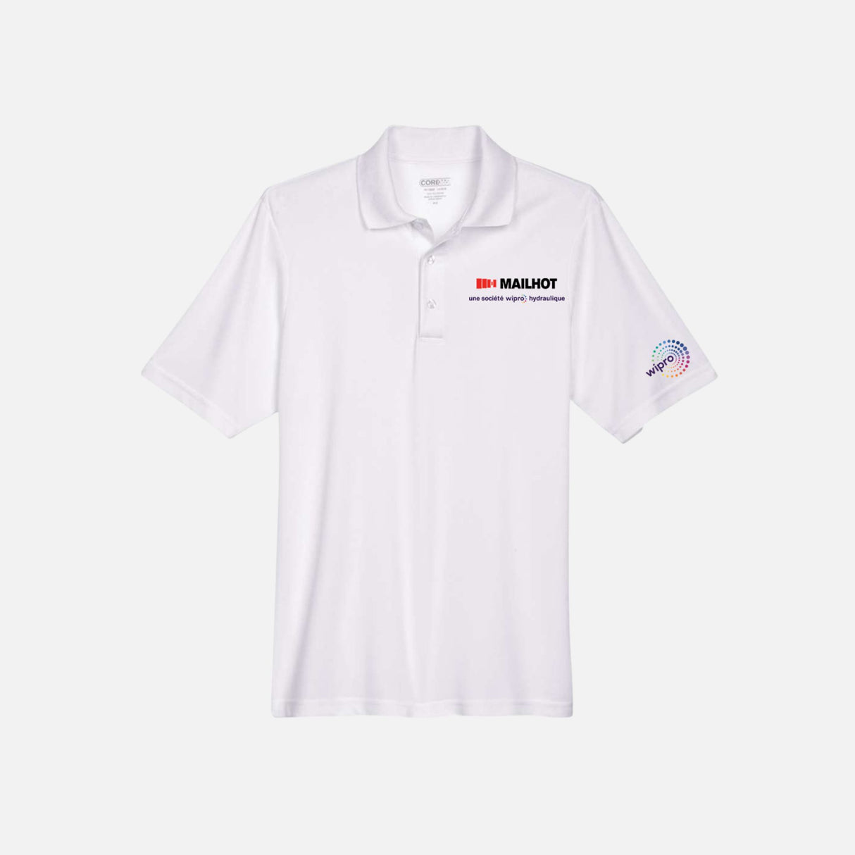 Polo performance blanc Core365 pour homme, vêtement polo en tissu léger, vue de face sur mannequin.