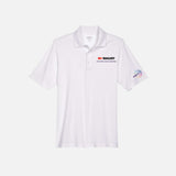 Polo performance blanc Core365 pour homme, vêtement polo en tissu léger, vue de face sur mannequin.