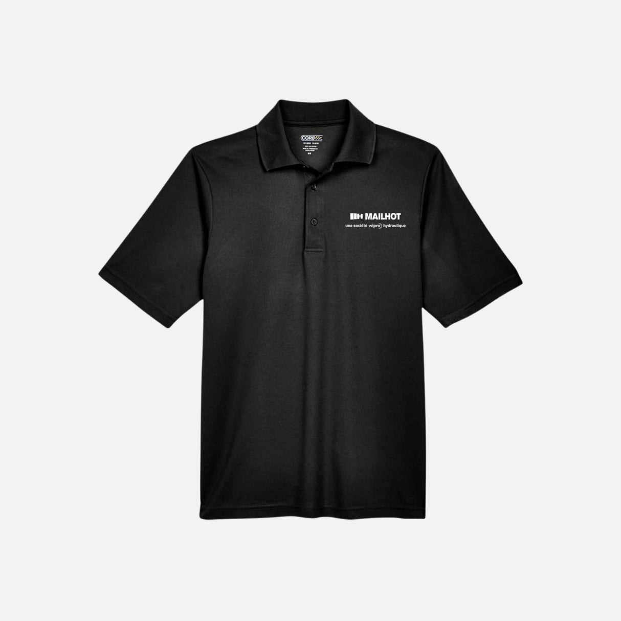 Polo performance Core365 noir pour homme, vêtement polo en tissu léger, détail du logo sur la poitrine, style sportif.