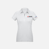 Polo à manches courtes pour femme Biz, modèle P706LS, en coton blanc, porté sur mannequin, vêtements polos élégants et confortables.