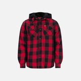 Veste en flanelle matelassée WRTK avec capuchon, veste de travail rouge, détails de la texture en flanelle et style pratique