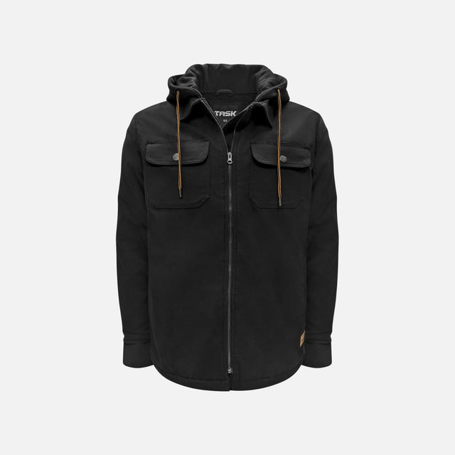 Manteau de travail WRTK pour homme avec doublure Sherpa et protection durable, en noir, vêtements-manteaux robustes.