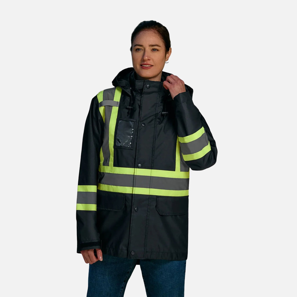 Manteau haute visibilité imperméable respirant pour la sécurité, noir, de la marque Canada Sportswear, adapté pour le travail.