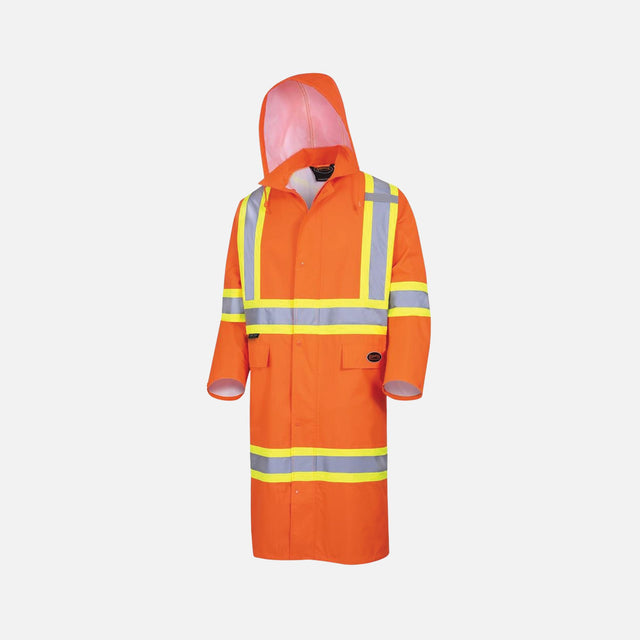 Manteau de sécurité long imperméable orange Surewerx pour la visibilité et la protection en extérieur.