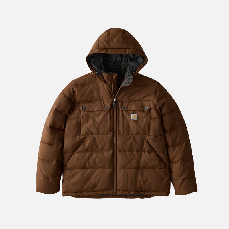 Manteau isolant Carhartt brun, vêtement d'hiver avec isolation épaisse, protection contre le froid intense.