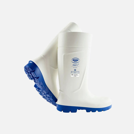 Paire de bottes de pluie Bekina Easygrip, ultra légères avec embout en acier, couleur blanche, adaptées pour le travail en extérieur.