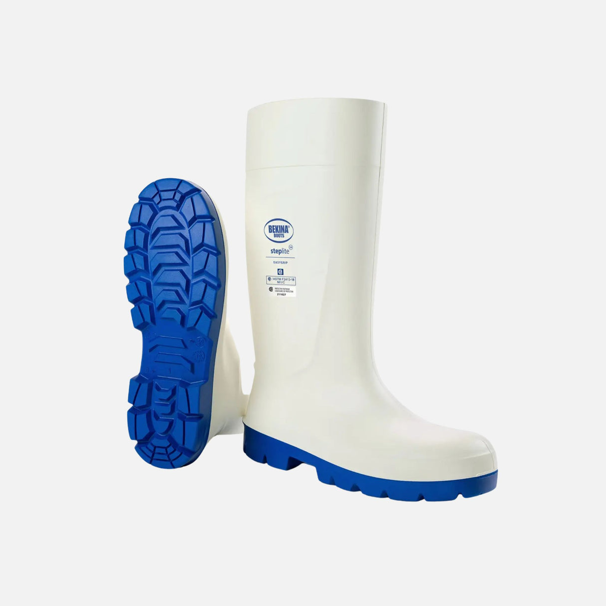 Paire de bottes de pluie Bekina Easygrip Ultra légères avec embout en acier, couleur blanche, pour une protection durable.