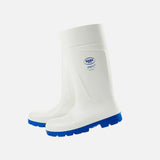 Paire de bottes de pluie Bekina Easygrip en blanc, légères avec embout en acier, conçues pour la sécurité et le confort.
