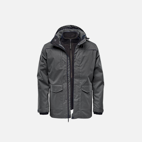 Parka 3-en-1 pour homme Stormtech Vortex, manteau d'hiver avec protection complète et chaleur modulable, en tissu gris granite.