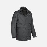Parka 3-en-1 Stormtech Vortex pour homme, veste imperméable avec isolation modulable, en gris granite, vêtement chaud et pratique.