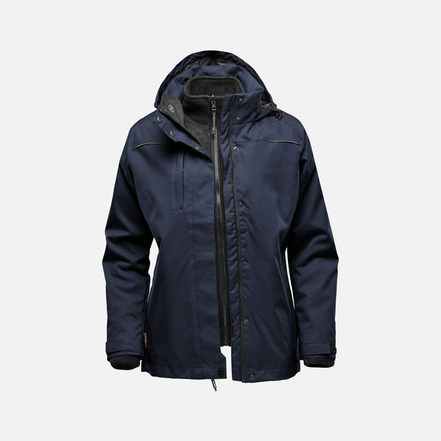 Parka 3-en-1 Stormtech Vortex marine, vêtement chaud et modulable avec capuche et poches, idéal pour le froid.