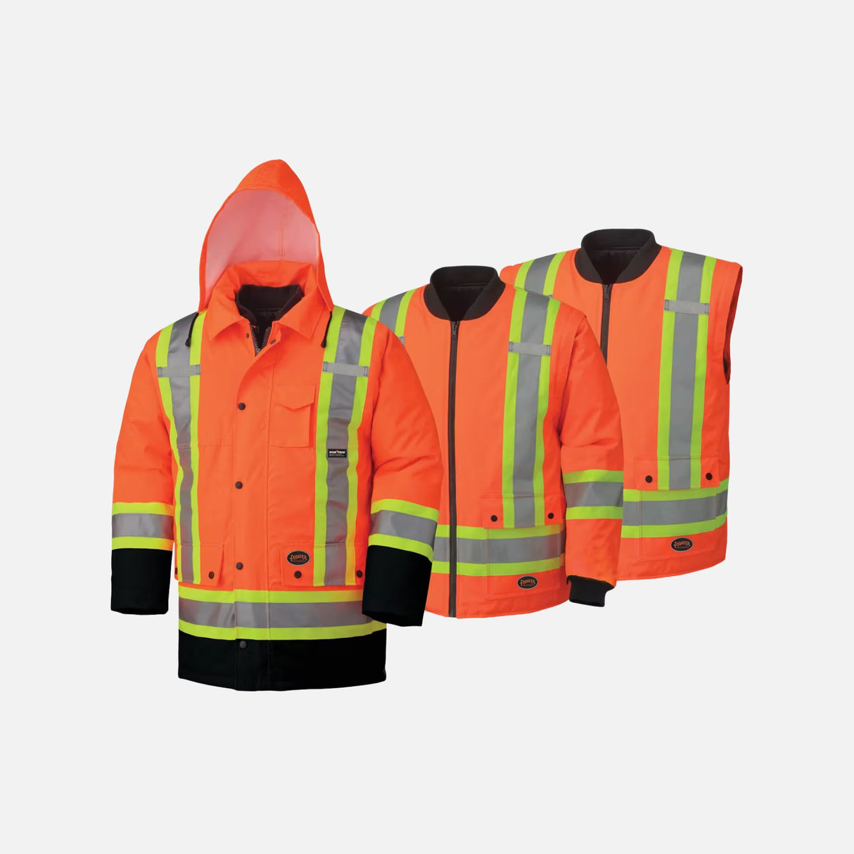 Parka haute visibilité 7-en-1 pour homme de Surewerx, réversible, imperméable, orange et noir, vêtement de sécurité polyvalent.