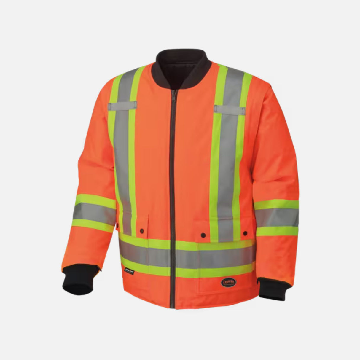 Parka haute visibilité 7-en-1 pour homme de Surewerx, réversible, imperméable, orange et noir, vêtement de sécurité polyvalent.