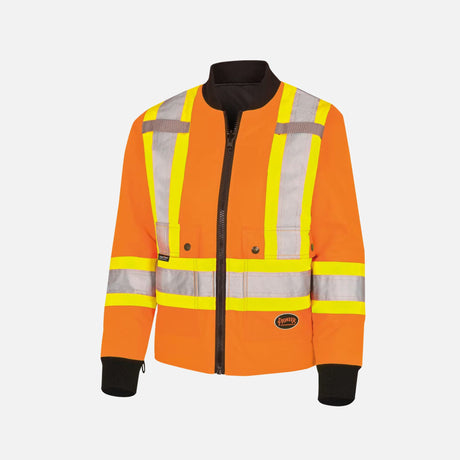 Parka 7-en-1 haute visibilité pour femme Surewerx, imperméable orange, vêtement de sécurité polyvalent.