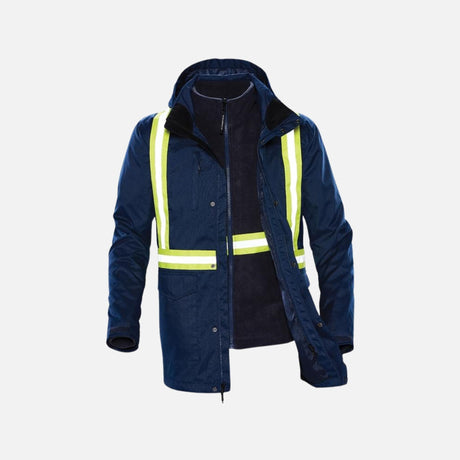 Parka à bandes 3-en-1 Stormtech, manteau réfléchissant marine, protection complète et chaleur modulable pour hommes.