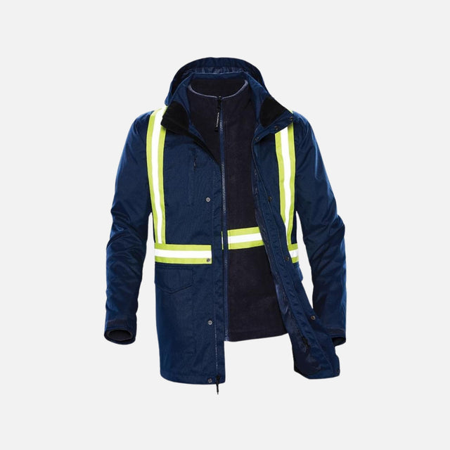 Parka à bandes 3-en-1 Stormtech, manteau réfléchissant marine, protection complète et chaleur modulable pour hommes.
