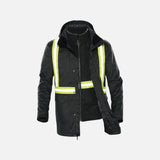 Parka à bandes réfléchissantes Stormtech TPX3R, manteau 3-en-1 noir avec protection complète et chaleur modulable.