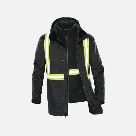 Parka à bandes réfléchissantes Stormtech TPX3R, manteau 3-en-1 noir avec protection complète et chaleur modulable.