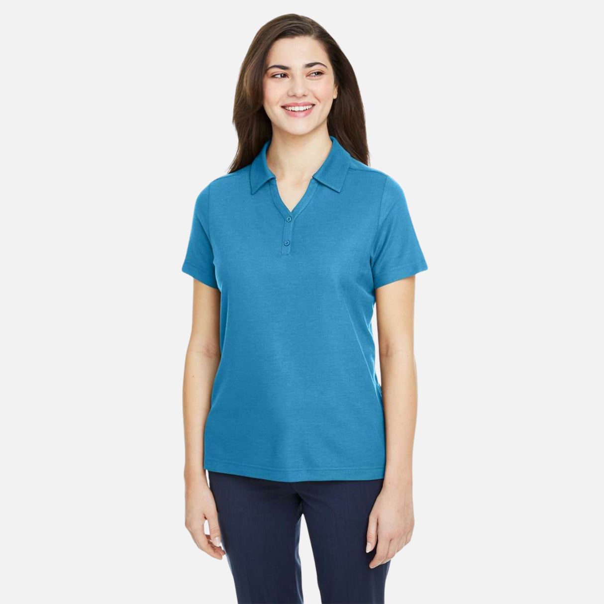 Polo Fusion ChromaSoft Core365 bleu, vêtement polo pour corps, vue de face avec col et boutons visibles.