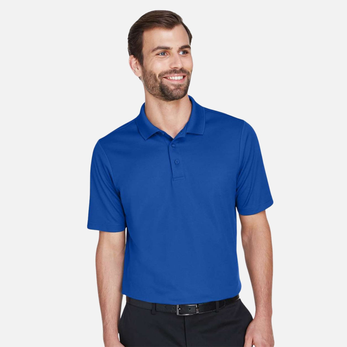 Polo Devon & Jones CrownLux DG20 en bleu royal, vêtement polo pour homme, vue de face sur mannequin