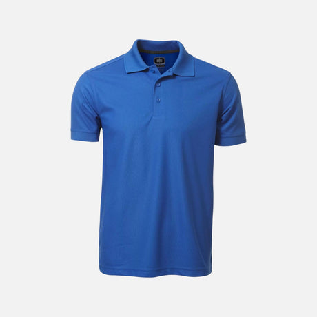Polo à manches courtes OGIO OG101 bleu en tissu léger, porté sur mannequin, vêtement polo pour homme ou femme.