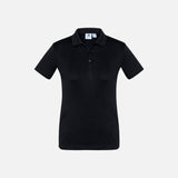 Polo à manches courtes pour femme Biz, modèle P810LS, en noir, tissu léger et coupe ajustée, vêtements polo pour femme.