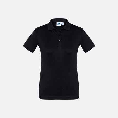 Polo à manches courtes pour femme Biz, modèle P810LS, en noir, tissu léger et coupe ajustée, vêtements polo pour femme.