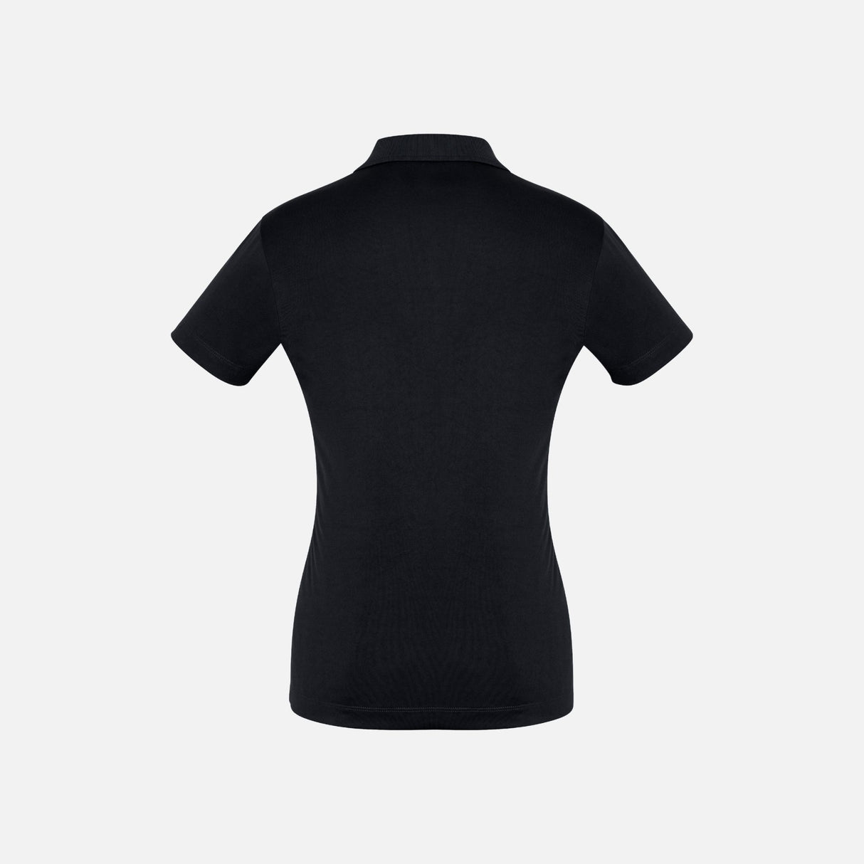 Polo à manches courtes pour femme Biz Ace, en tissu noir, avec col classique et logo discret, porté sur mannequin.