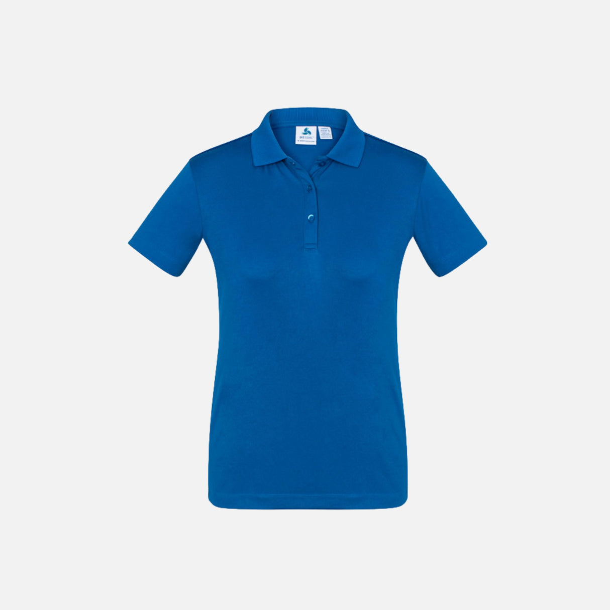Polo à manches courtes pour femme Biz Ace en bleu royal, vêtement polo corporel, vue de face avec col et boutons.