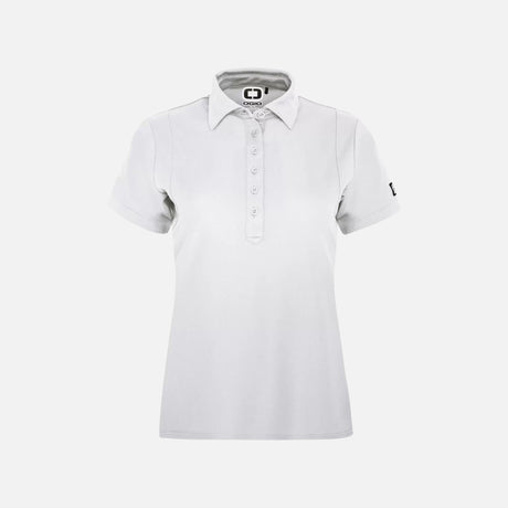 Polo à manches courtes pour femme OGIO LOG101 blanc en tissu léger, idéal pour un style sportif et élégant.