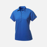 Polo à manches courtes pour femme OGIO, vêtement polo corporel bleu avec col et boutons, en tissu léger.