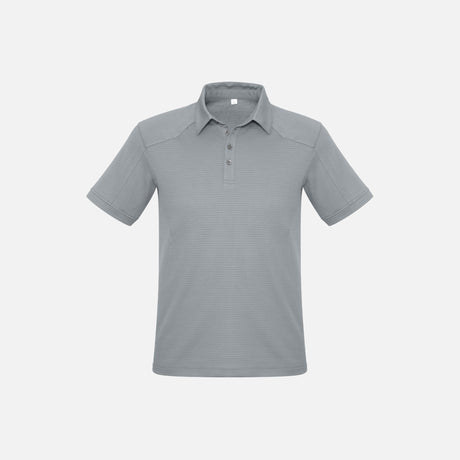 Polo à manches courtes pour homme Biz, en tissu argenté, détail classique, porté sur un mannequin, idéal pour un style décontracté.