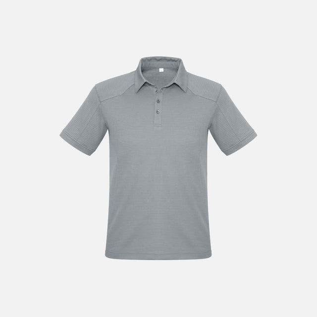 Polo à manches courtes pour homme Biz, en tissu argenté, détail classique, porté sur un mannequin, idéal pour un style décontracté.