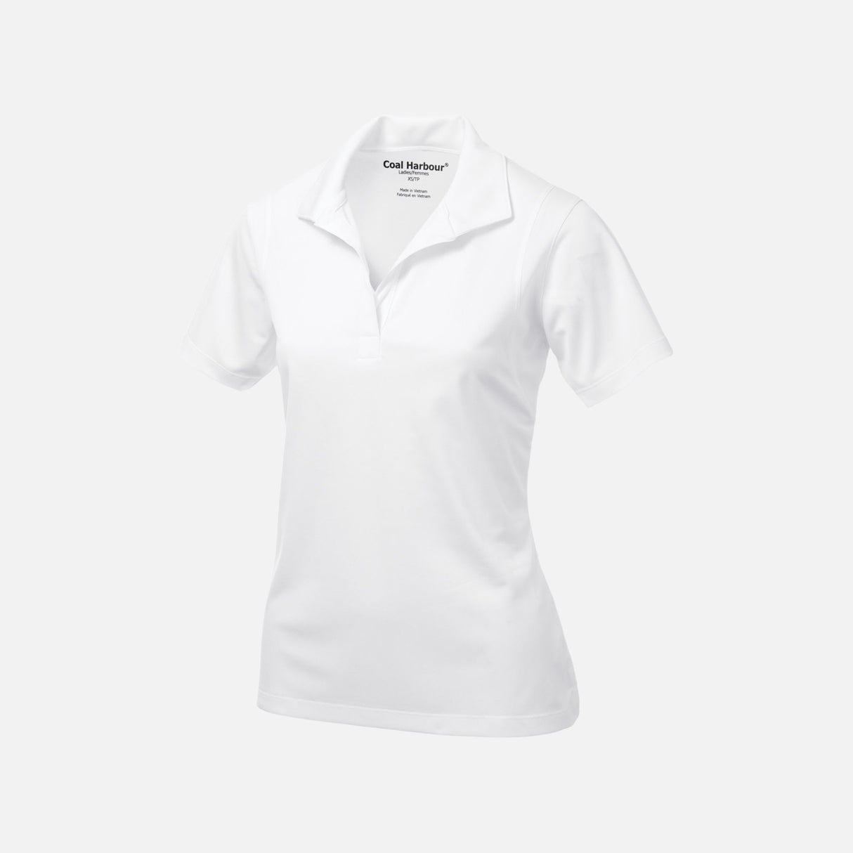 Polo à manches courtes pour femme Coal Harbour blanc, vêtement de style décontracté et élégant, mis en valeur sur un mannequin.