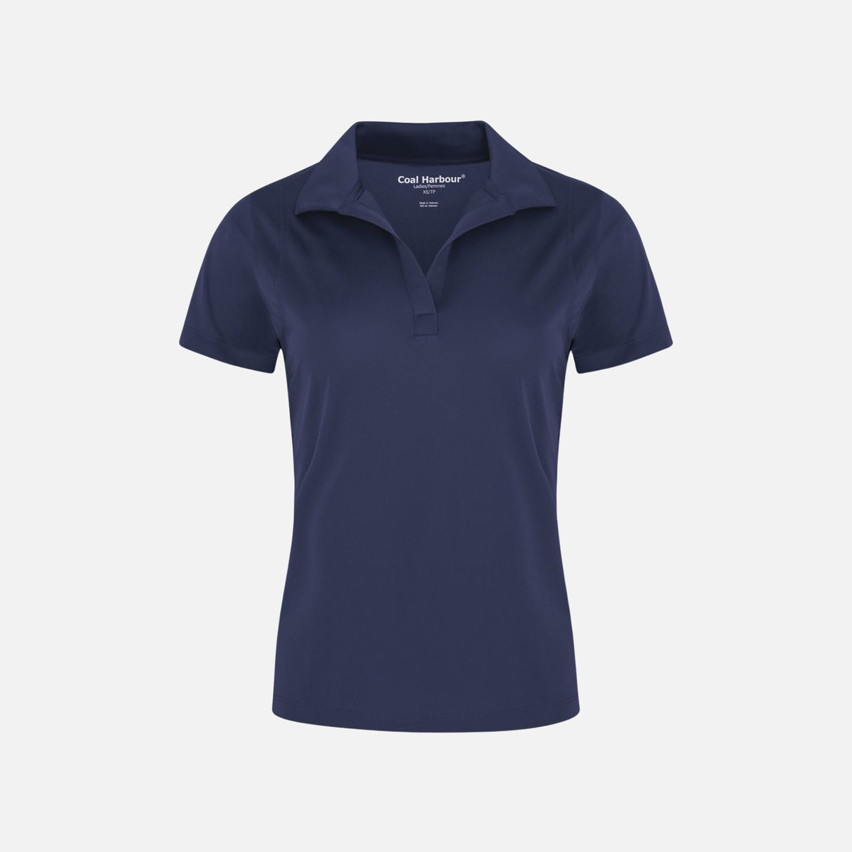 Polo manches courtes pour femme Coal Harbour en tissu bleu marine, ajusté avec col classique et boutons devant.