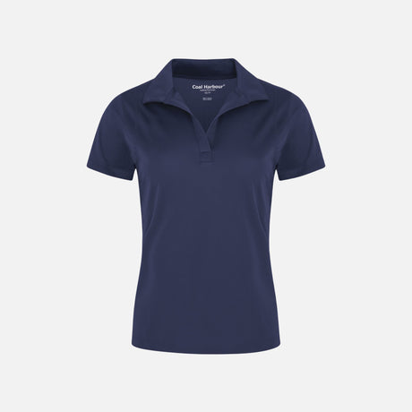 Polo manches courtes pour femme Coal Harbour en tissu bleu marine, ajusté avec col classique et boutons devant.