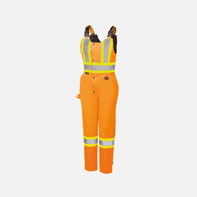 Salopette haute visibilité imperméable pour femme de la marque Surewerx, en orange, avec détails de sécurité et confort.