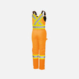 Salopette haute visibilité imperméable pour femme de la marque Surewerx, en tissu orange avec détails réfléchissants.