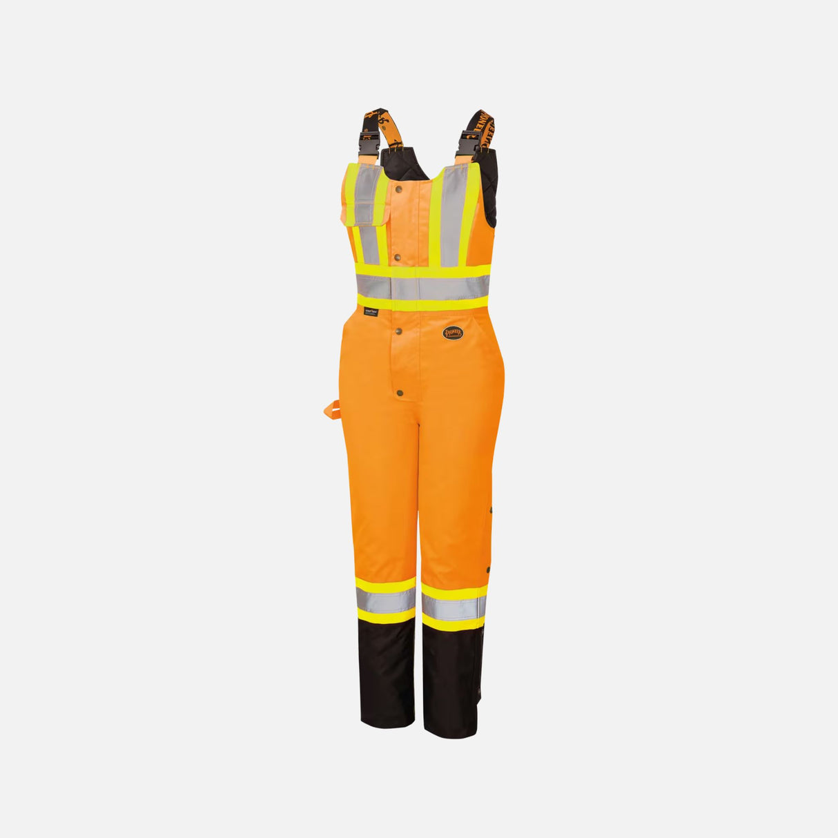 Salopette de sécurité haute visibilité imperméable pour femme, modèle Pioneer de Surewerx, en orange et noir, isolée et confortable.