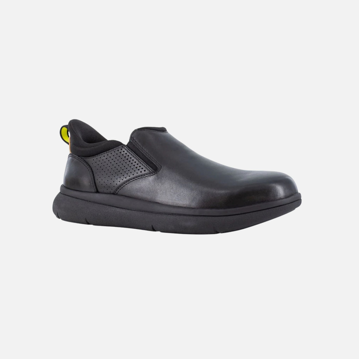 Souliers de travail Reebok sans lacets, en cuir noir avec embout composite, conçus pour le confort et la sécurité.