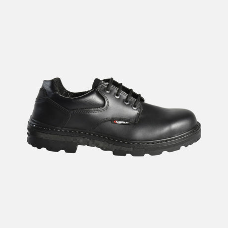 Souliers de travail en cuir noir Cofra, souliers robustes offrant confort et protection pour un usage quotidien.