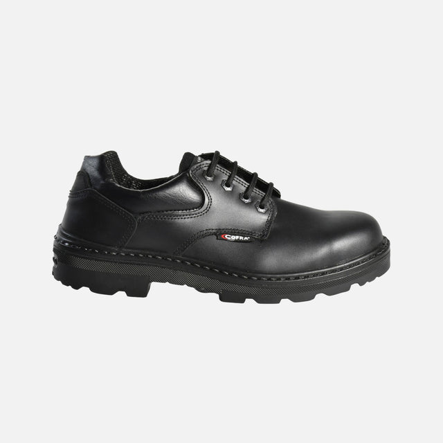 Souliers de travail en cuir noir Cofra, souliers robustes offrant confort et protection pour un usage quotidien.
