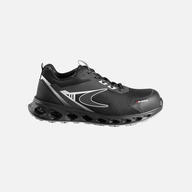 Souliers de sécurité Cofra noirs, légers avec embout composite et semelle antifatigue pour travail sécurisé.