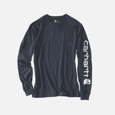 T-shirt à manches longues Carhartt en coton épais avec logo sur la manche, couleur bleu nuit, vêtement décontracté pour hommes.