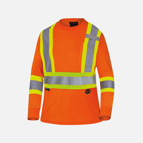 T-shirt de sécurité à manches longues pour femme Surewerx, léger et respirant, de couleur orange, avec bande réfléchissante.