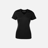 T-shirt à manches courtes pour femme ATC, col en V, respirant, en tissu noir, parfait pour la personnalisation.