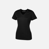 T-shirt performance col V pour femme de la marque ATC, manches courtes, tissu respirant en noir, prêt à personnaliser.