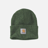 Tuque en tricot verte de style classique avec rebord de la marque Carhartt, accessoire chaud pour l'hiver.
