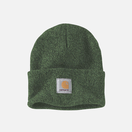 Tuque en tricot verte de style classique avec rebord de la marque Carhartt, accessoire chaud pour l'hiver.