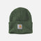 Tuque en tricot verte de style classique avec rebord de la marque Carhartt, accessoire chaud pour l'hiver.